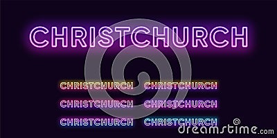 Neon Christchurch name, city in New Zealand. Neon text of Christchurch city Vector Illustration