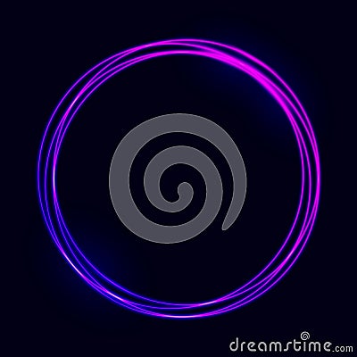 Neon circle design. Futuristic frame effect. Vibrant color element. Glowing ring template. Purple electric light. Modern Vector Illustration