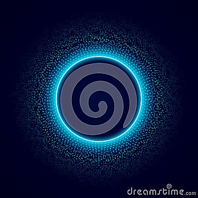 Neon circle with dots light effect on black background. Audio equalizer. Sound impulse visualization. Vector Vector Illustration