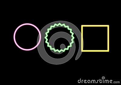 Neon circle Frame. Set of pink round, green polyhedron and yellow square neons on black background. Geometric shape with copy Stock Photo