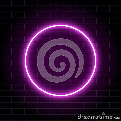 Neon circle lamp isolated on brick wall. Pink glowing circle bulb. Sparkling circle banner with place for text. Modern Vector Illustration