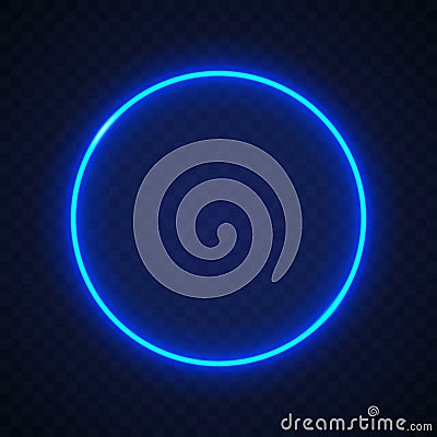 Neon circle. Light glow round blue. illuminated frame for design print. Abstract digital circe. Glowing loop. Speckle circular Vector Illustration