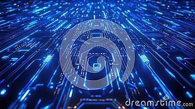 Neon circuits forming symmetrical tech shapes in front view for copy text Stock Photo