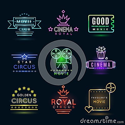 Neon circus and cinema or movie vector emblems Vector Illustration