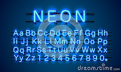 Neon city color blue font. English alphabet and numbers sign. Vector Illustration