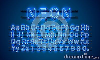 Neon city color blue font. English alphabet and numbers sign. Vector Illustration