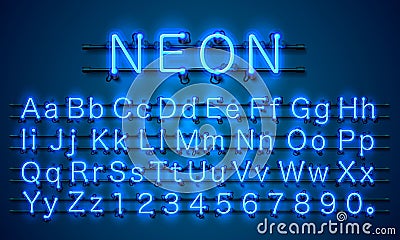 Neon city color blue font. English alphabet sign. Vector Illustration