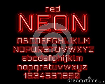 Neon city color red font. English alphabet and numbers sign. Vector Illustration