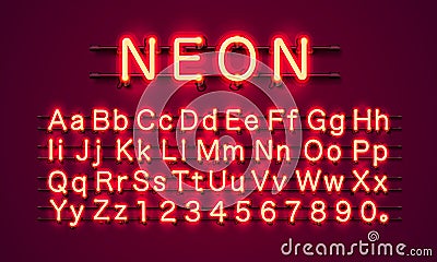 Neon city color red font. English alphabet and numbers sign. Vector Illustration