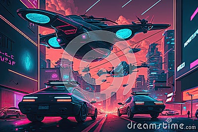 neon city cross with futuristic hover cars and flying taxis Stock Photo