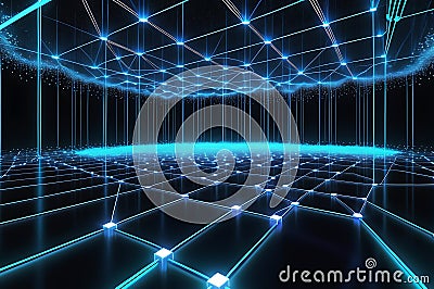 Neon Cloud: Data Packets Glowing with Neon Blue Light Stream Across the Dark Cyberspace, Symbolizing Cloud Computing Stock Photo
