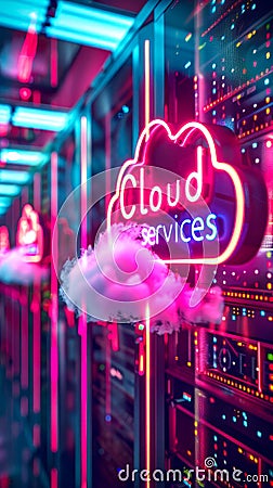 Neon cloud services sign floating over a server room filled with data racks, symbolizing modern cloud computing and data storage Stock Photo
