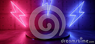 Neon Club Stage Cyber Glow Thunderbolt Shaped Lights Purple Blue Color On Concrete Cement Grunge Room Sci Fi Podium Showcase 3D Stock Photo