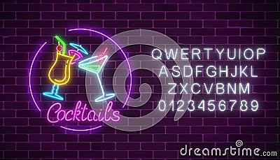 Neon cocktails bar sign with alphabet and two glasses of cocktails. Glowing gas advertising with glasses of alcohol. Vector Illustration