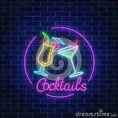 Neon cocktails bar sign in circle frame with lettering on dark brick wall background. Glowing gas advertising Vector Illustration