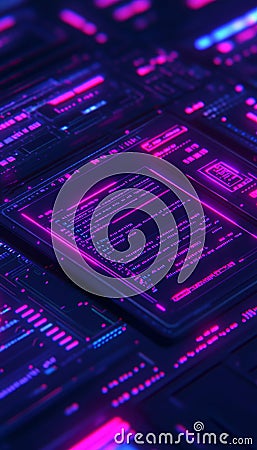 Neon Code Layers Vibrant Vector Art of Computer Programming, Geometric Shapes, Modern Design Stock Photo