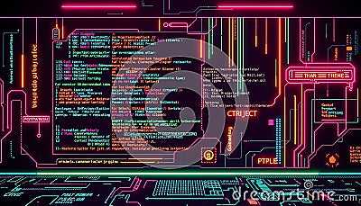 Neon coding screen, programming interface, software development, tech background, Stock Photo, Generative AI Stock Photo