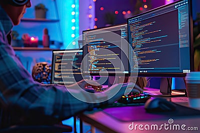 Neon Coding Symphony: Hands of IT Developer Typing Code on Home Office Screens Stock Photo
