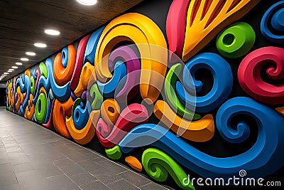 Neon color graffiti with bold and dynamic patterns, illustrated in a scene where a graffiti mural features bold, dynamic patterns Stock Photo