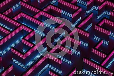 Neon colorful maze pattern in cyan and magenta. Elevated view. Abstract, digital 3D rendering Stock Photo