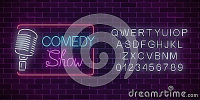 Neon comedy show sign with retro microphone and alphabet. Humor monolog glowing signboard Vector Illustration