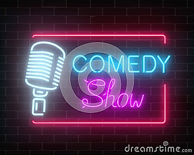 Neon comedy show sign with retro microphone on a brick wall background. Humor monolog glowing signboard. Vector Illustration