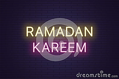 Neon composition of headline Ramadan Kareem. Text Vector Illustration