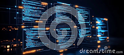Neon Computer Code on Digital Screens Modern Programming and Software Development Concept Stock Photo