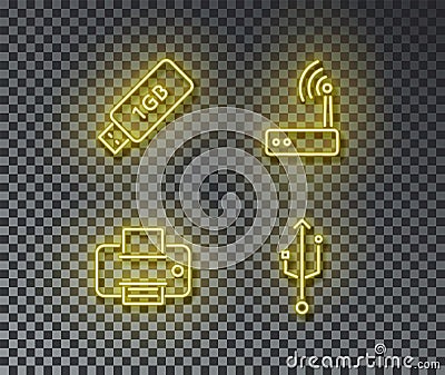 Neon computer device signs vector isolated on brick wall. Flash memory, wifi router, printer, connec Vector Illustration