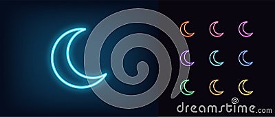 Neon crescent icon. Glowing neon crescent sign, outline moon symbol and silhouette Vector Illustration