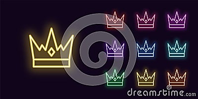 Neon Crown icon, King sign. Glowing Royal Crowns Vector Illustration