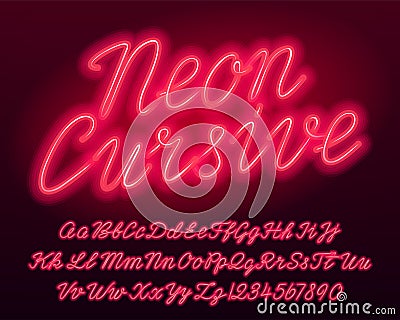 Neon cursive alphabet font. Red color lowercase and uppercase bright letters and numbers. Vector Illustration