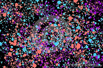 Neon cyan, purple and coral random round paint splashes on black background. Abstract colorful texture Stock Photo