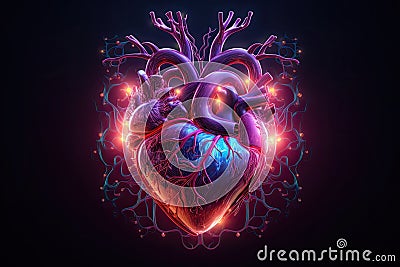 Neon cyber human heart with arteries. Realistic illustration of a heart in neon light on a black background Cartoon Illustration
