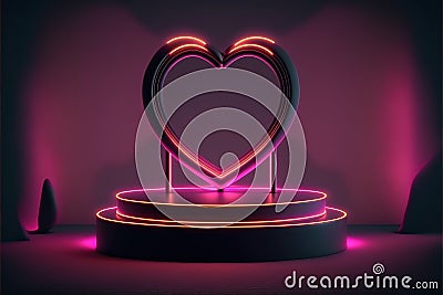 Neon, cyber lights heart shaped pedestal frame and product podium. Futuristic dark background. Generative AI Stock Photo