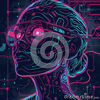 Neon Cybernetic Portrait Stock Photo