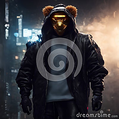 Neon cyberpunk ninja black hoodie wearing gold geometric lion in jacket background ai generative art Stock Photo