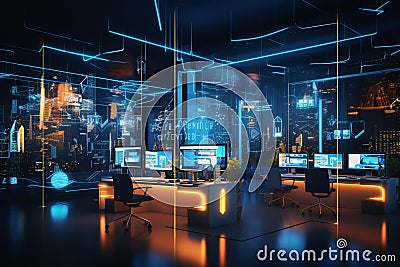 Neon Cyberpunk Open Space Office Interior, Modern IT Concept Stock Photo