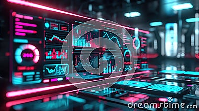 A neon dashboard with customizable elements that light up and display various data sets upon selection Stock Photo