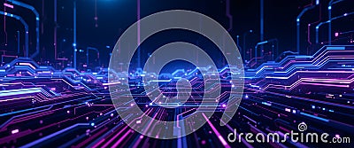 Neon Digital Circuit Pattern Representing AI and Data Computing Stock Photo