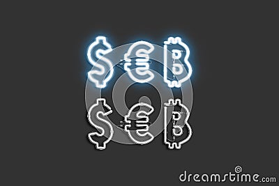 Neon dollar, euro and bitcoin symbol, lunimous font mock up Stock Photo