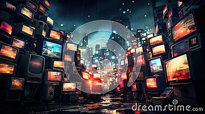 Neon Dreams: A Futuristic City Glows with Lighted TV Screens Stock Photo