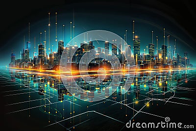 Abstract digital city with glowing lights on dark background, vector illustration., generative ai Stock Photo