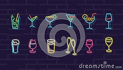 Neon drinks. Cocktails, wine, beer, champagne. Night illuminated wall street sign. Cold alcohol drinks in dark night. Cartoon Illustration
