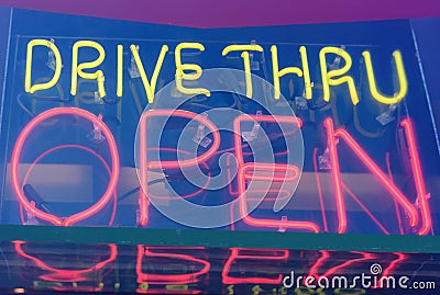 Neon drive thru sign Stock Photo