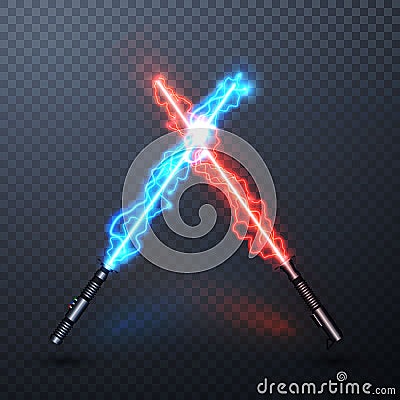 Neon electric light swords. Crossed light sabers isolated on transparent background. Vector illustration Vector Illustration