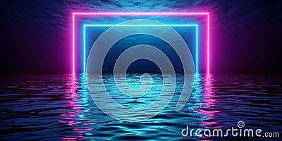 Neon Empty Frame on water background Copy space Generative AI Stock Photo