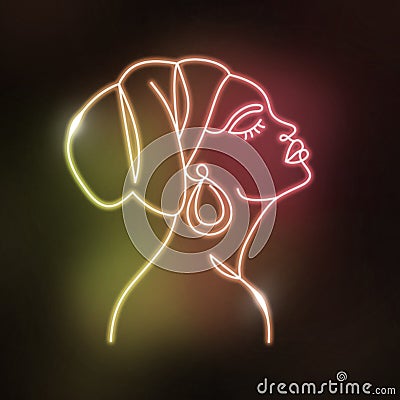 Neon face of a Afro woman in a linear style. Stock Photo