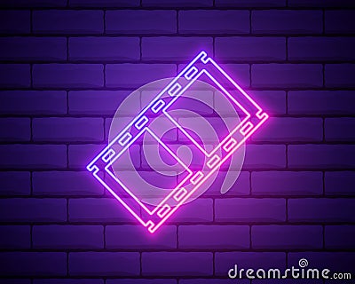 Neon filmstrip isolated on brick wall background. Bright glowing film frame. Movie, cinema, photography concept. Vector Vector Illustration