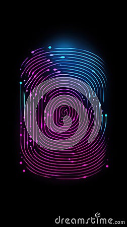 Neon fingerprint on black background, high-tech digital security and biometric identification Stock Photo
